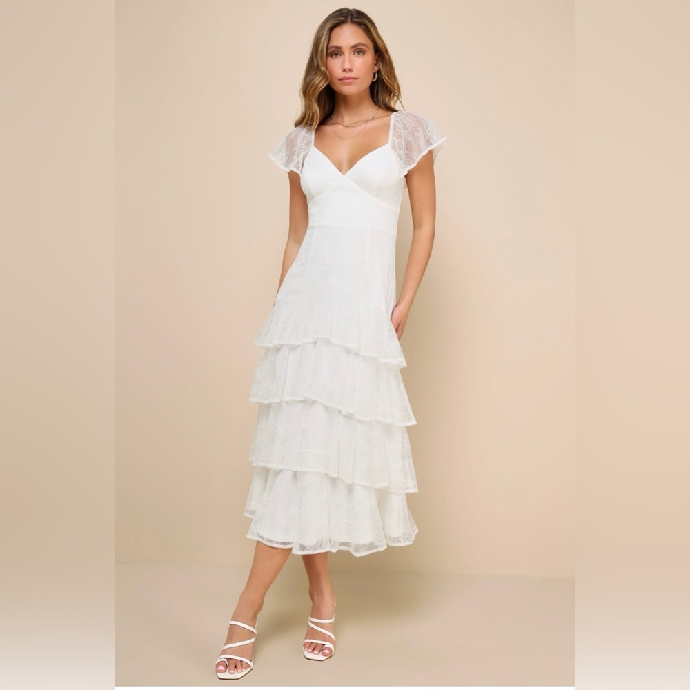 Lulus Graceful Darling White Lace Flutter Sleeve Tiered Midi Dress